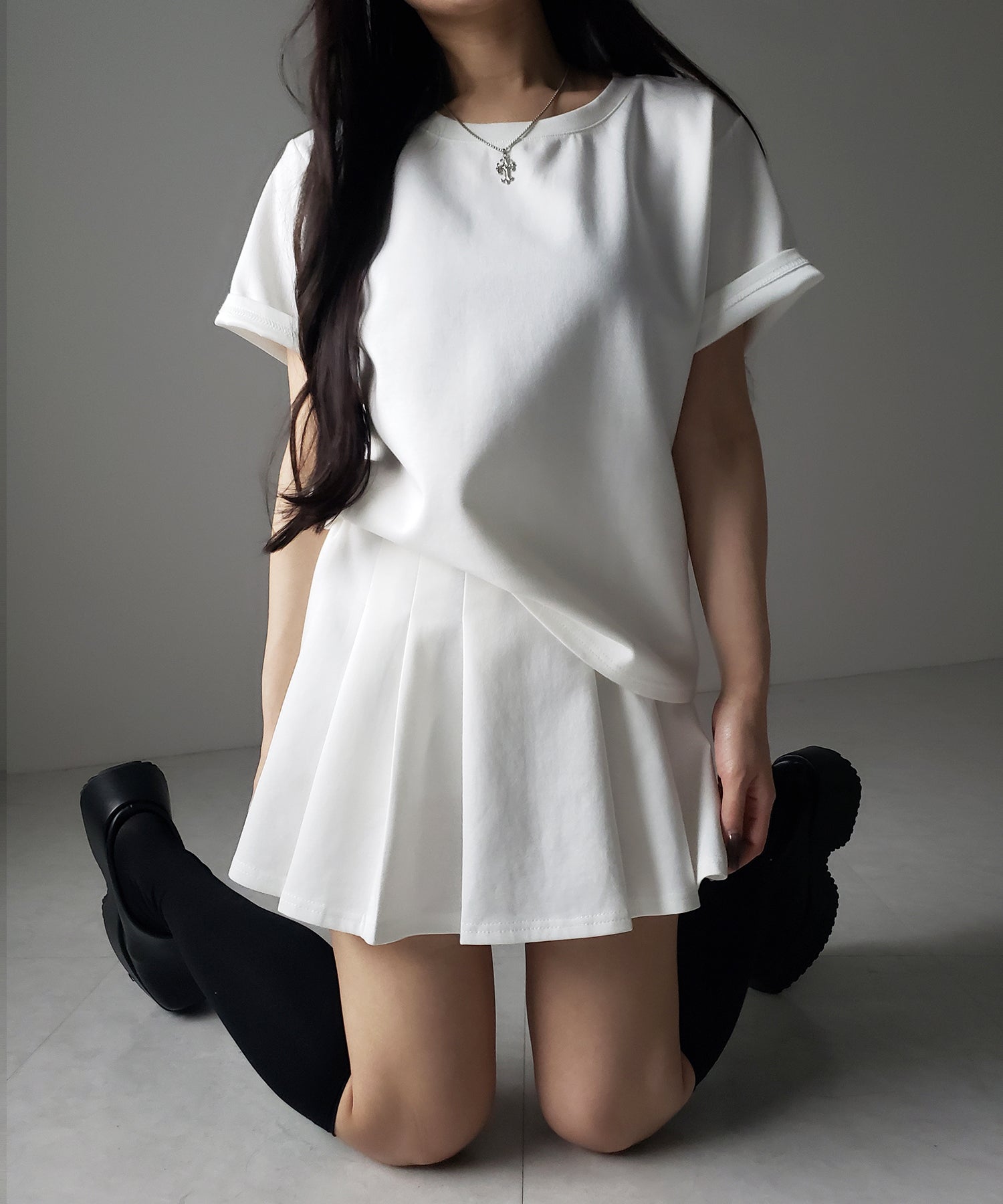 【 セットアップ 】オーバーサイズ半袖Ｔシャツ＋プリーツミニスカート SET ／( SETUP ) oversize shortsleeve Tee + pleated mini skirt SET