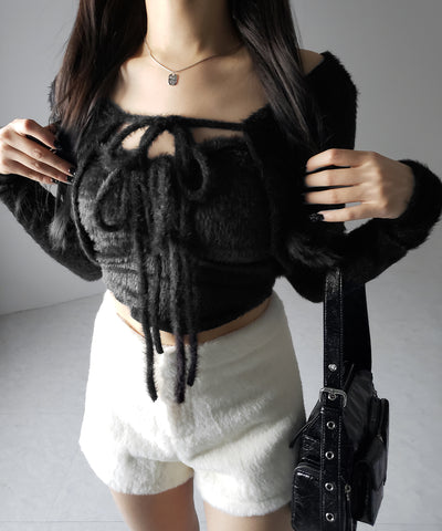 【 ２点セット 】シャギーリボンベアトップス ＆ ショートシャギーカーディガン SET ／ Shaggy ribbon bare tops & short shaggy cardigan
