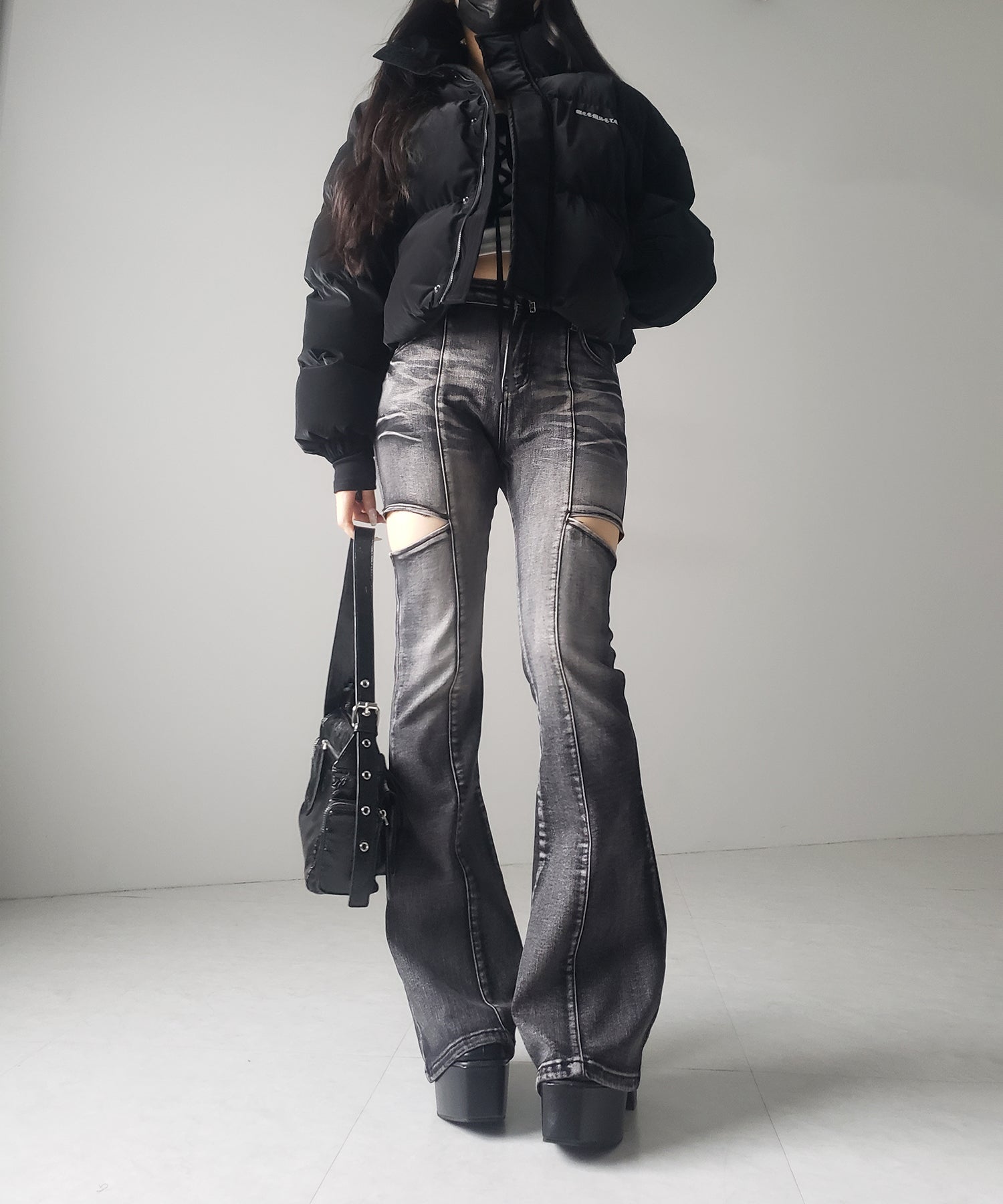 【 ２color ／ ３size 】カットアウトヴィンテージストレッチフレアデニム ／ cutout vintage stretch flare denim