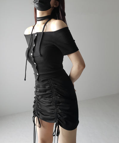 【 ２WAY 】ストラップリボンオフショルダーリブトップス ／ strap ribbon off shoulder rib tops