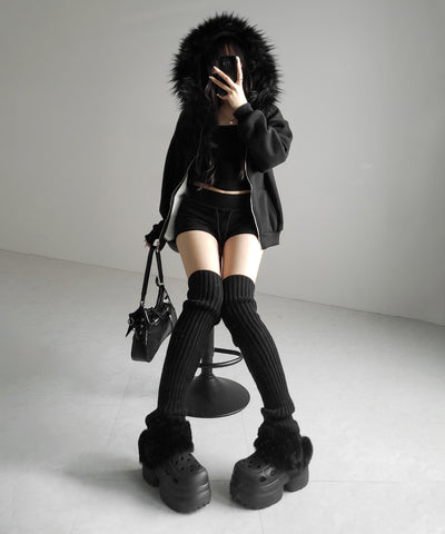 【 セットアップ 】裏起毛ファーフードオーバージップパーカー＆スウェットショートパンツ ／ Urakimo fur over zip hoodie ＆ sweat short pants SETUP