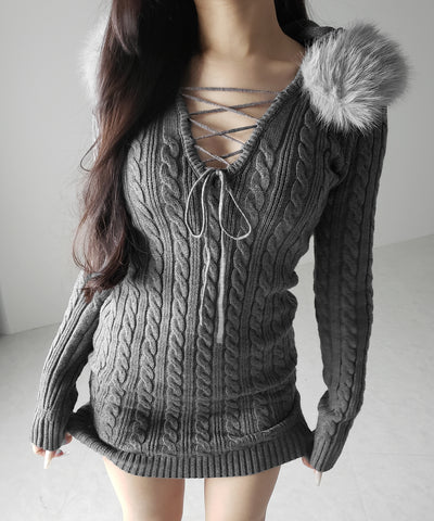 ファーフーディレースアップレディニットミニワンピース ／ fur hoodie lace up lady knit mini onepiece