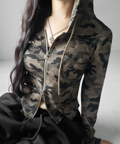 ヴィンテージカモフラダブルジップカットパーカー ／ vintage camouflage double zip cut hoodie