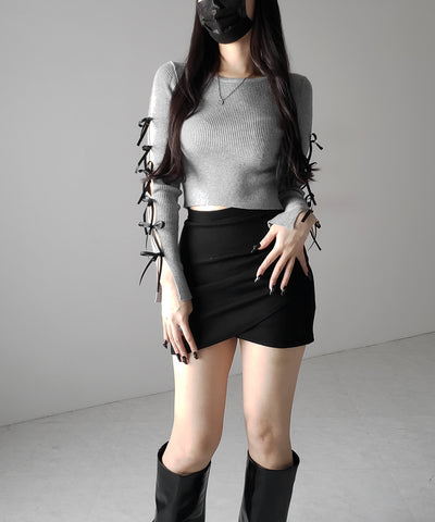 【 ２color 】カットアウトリボンショートリブニット ／ cut out ribbon short rib knit
