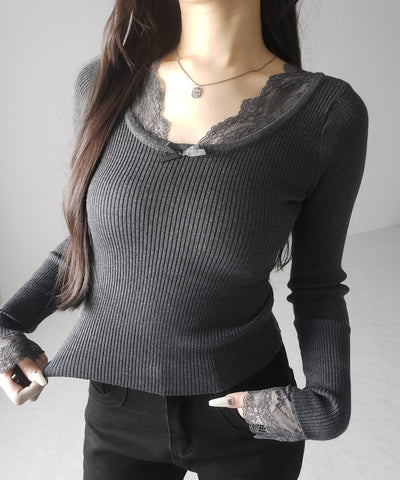 フロントリボンレース切替リブニットトップス ／ front ribbon lace switching ribbed knit tops
