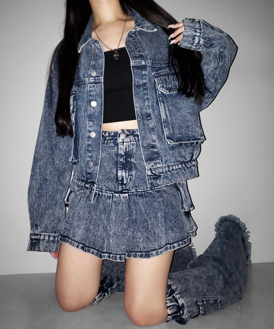【 セットアップ着用可能 】ヴィンテージケミカルブリーチプリーツデニムミニスカート ／ vintage bleached pleated denim mini skirt