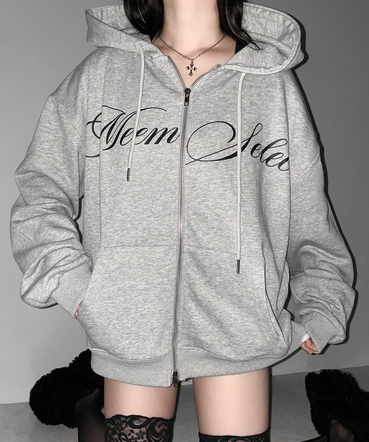 【 セットアップ可能 】レタリングロゴプリントダブルジップビッグパーカー ／ lettering logo print double zip BIG hoodie