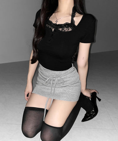 レースレイヤードホルターヘンリーネック半袖Ｔシャツ ／ lace layered halter henley neck short sleeve T-shirt