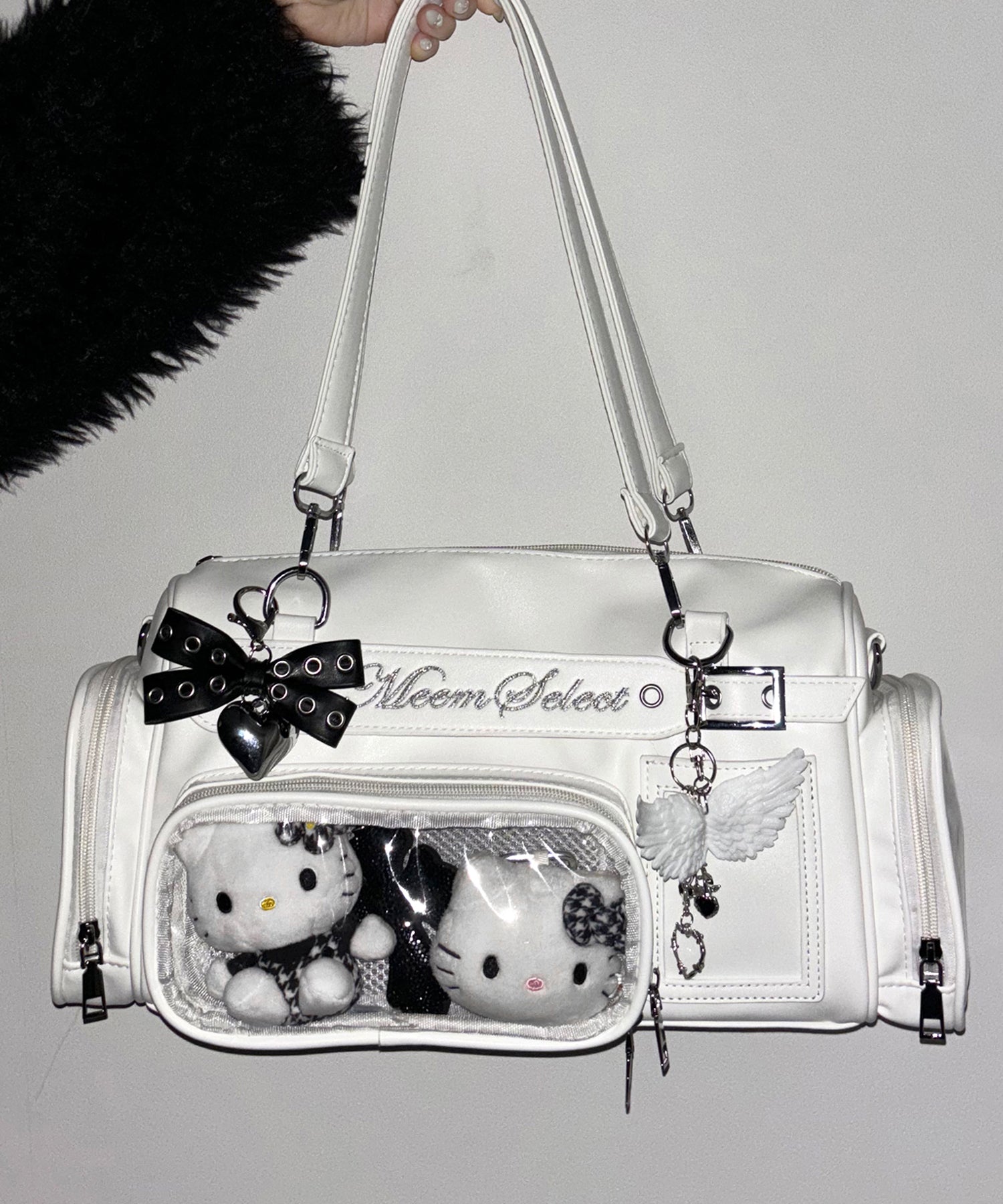 クリアポケット付きレタリング刺繍ショルダーバッグ ／ clear pocket lettering embroidery shoulder bag