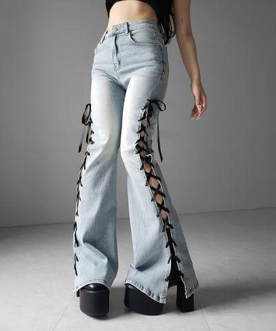 サテンリボンレースアップカットアウトストレッチフレアデニム ／ satin ribbon laceup cutout stretch flare denim