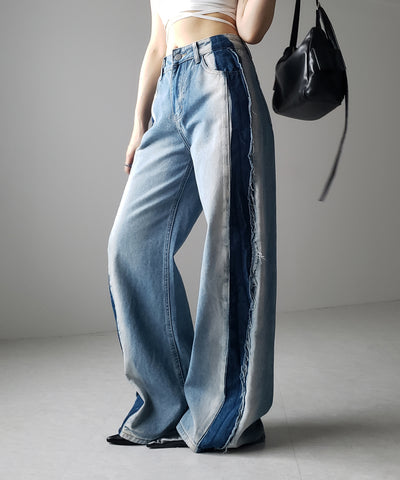 【 選べる３サイズ 】サイドライングラデーションダメージルーズデニム ／ Side line gradation damage loose denim