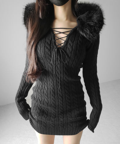 ファーフーディレースアップレディニットミニワンピース ／ fur hoodie lace up lady knit mini onepiece