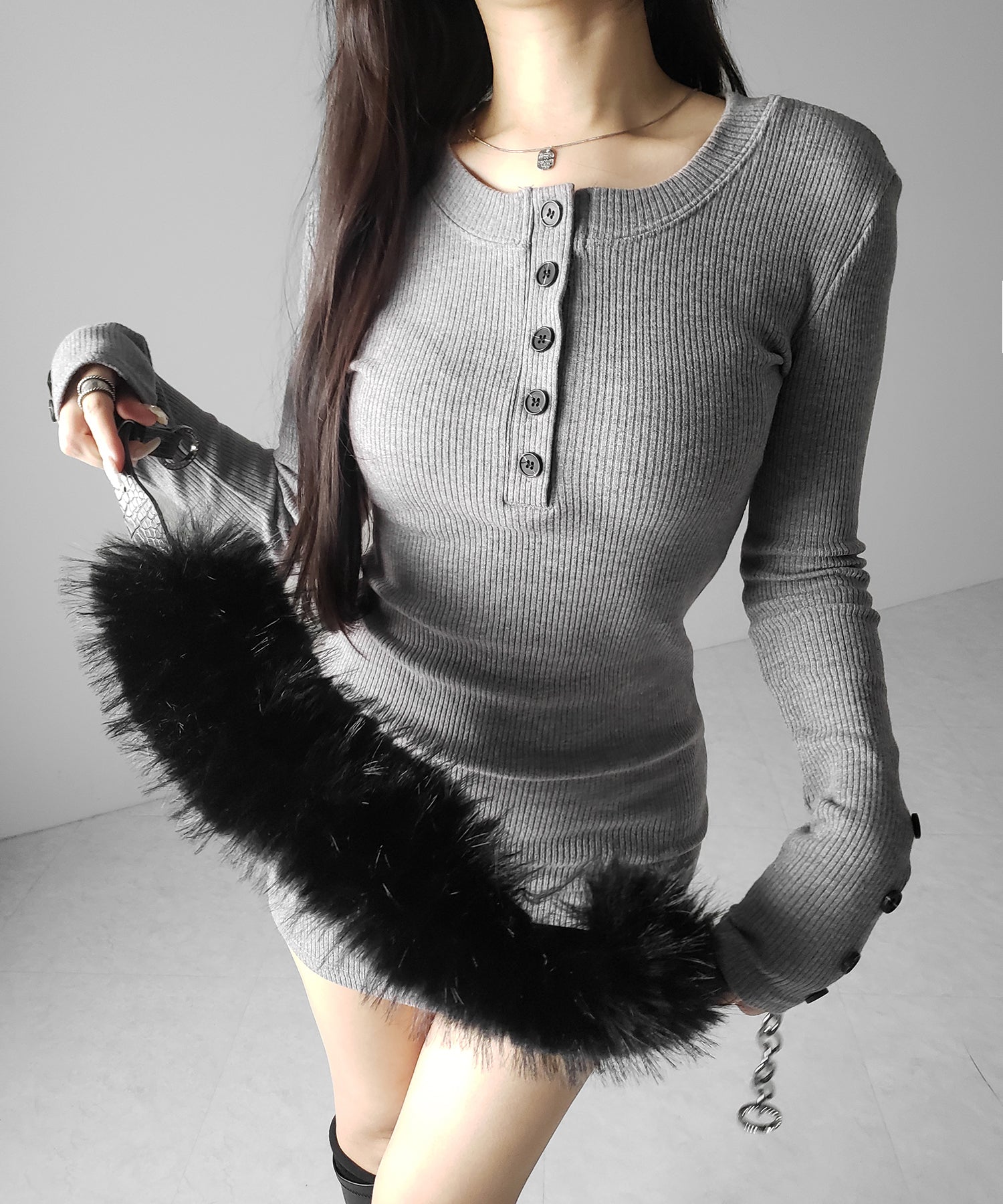 裏起毛ヘンリーネックタイトミニワンピース ／ urakimo henley neck tight mini onepiece