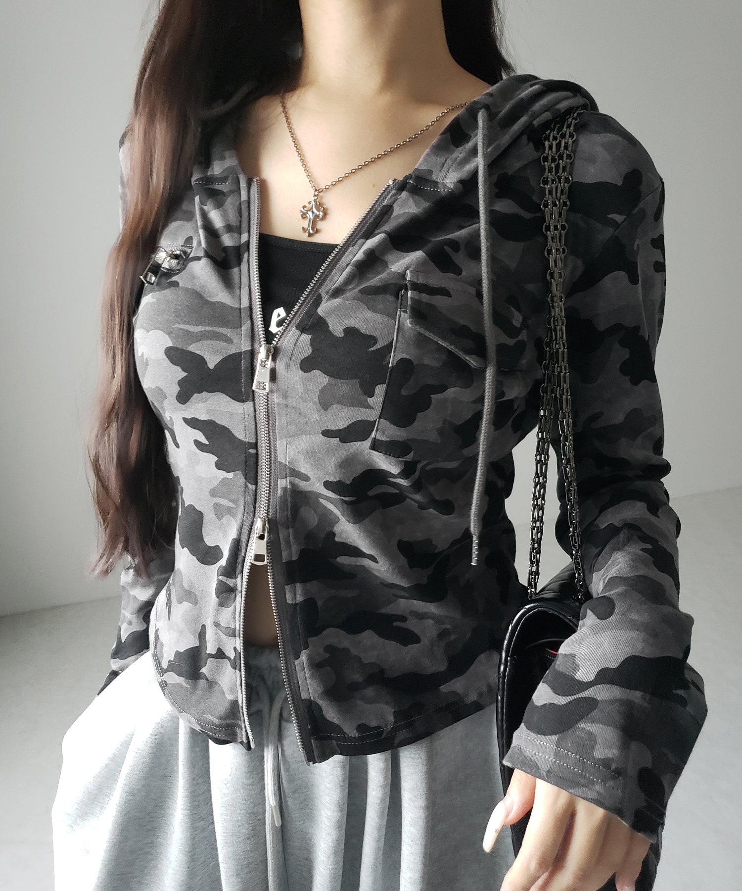 ヴィンテージカモフラダブルジップカットパーカー ／ vintage camouflage double zip cut hoodie