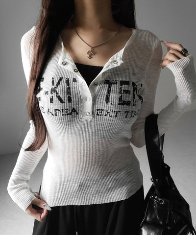 ヘンリーネックフェイクレイヤードロゴ長袖シアーニットトップス ／ henly neck fake layered logo longsleeve sheer rib knit tops