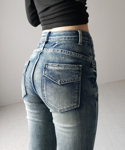 【 ２color ／ ４size 】ヴィンテージライクフリンジストレッチフレアデニム ／ Vintage-like fringe stretch flare denim