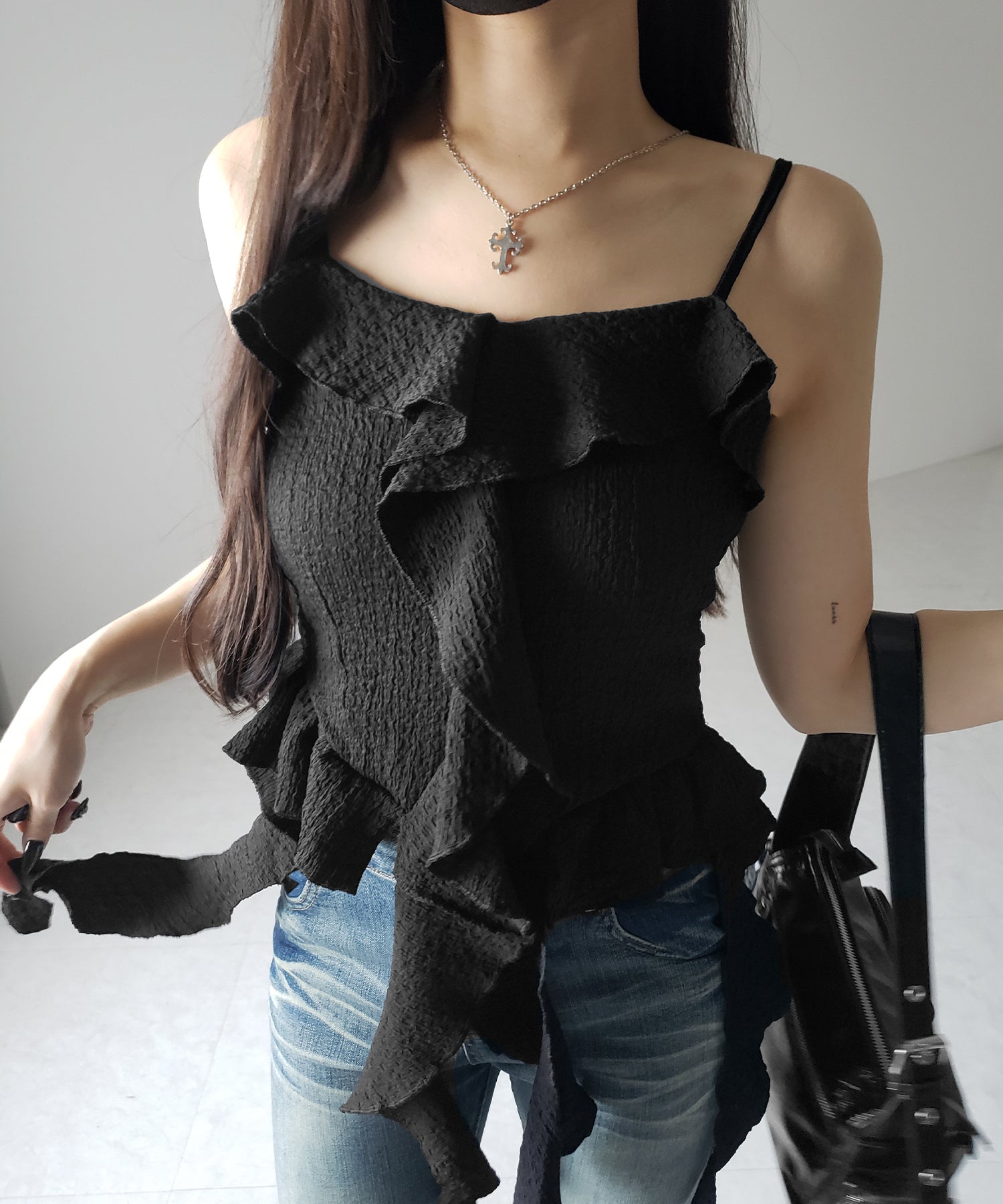 【 ２color 】ラッフルフリルレイヤードビスチェキャミソール ／ ruffle frill layered bustier camisole