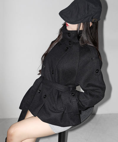 【 ウエストベルト付き 】スタンドネック ダブルブレスト ウールライクメルトンピーコート ／ Stand neck double-breasted wool-like melton pea coat
