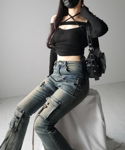 【 ２color ／ ４size 】ベルテッドアウトポケットヴィンテージフレアデニム ／ belted out pocket vintage flare denim