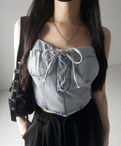 【 ２color 】レースアップリボンコルセットデニムビスチェ ／ lace up ribbon corset denim bustier