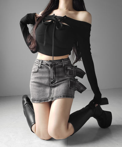 【 インパン裏地付 】ダブルハトメベルトヴィンテージデニムミニスカート ／ Double eyelet belt vintage denim mini skirt