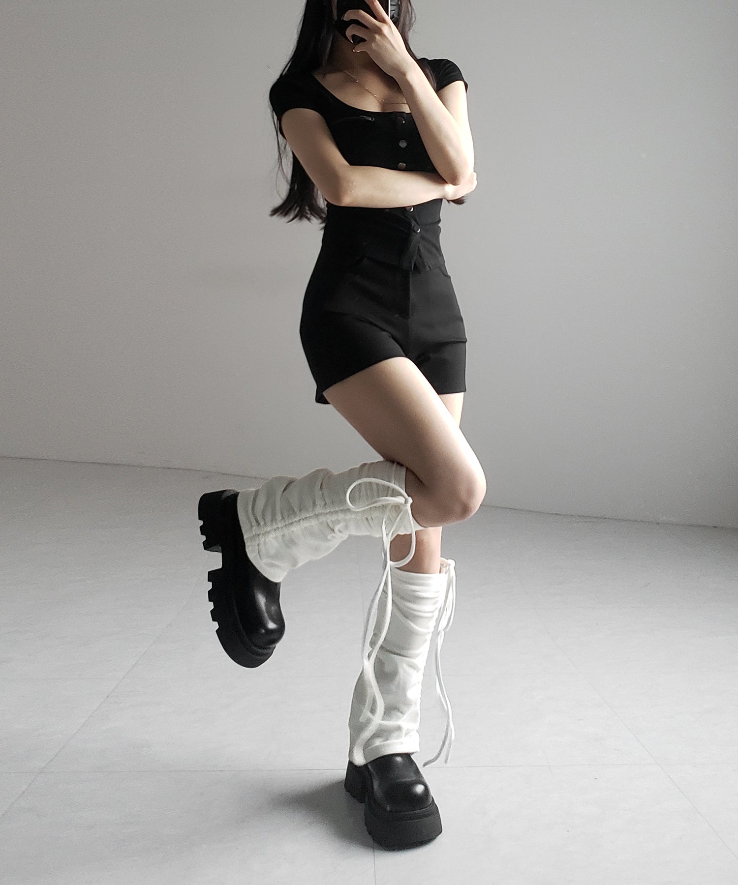 【 ２color 】ストラップリボンサイドシャーリングレッグカバー ／ strap ribbon side shirring leg cover