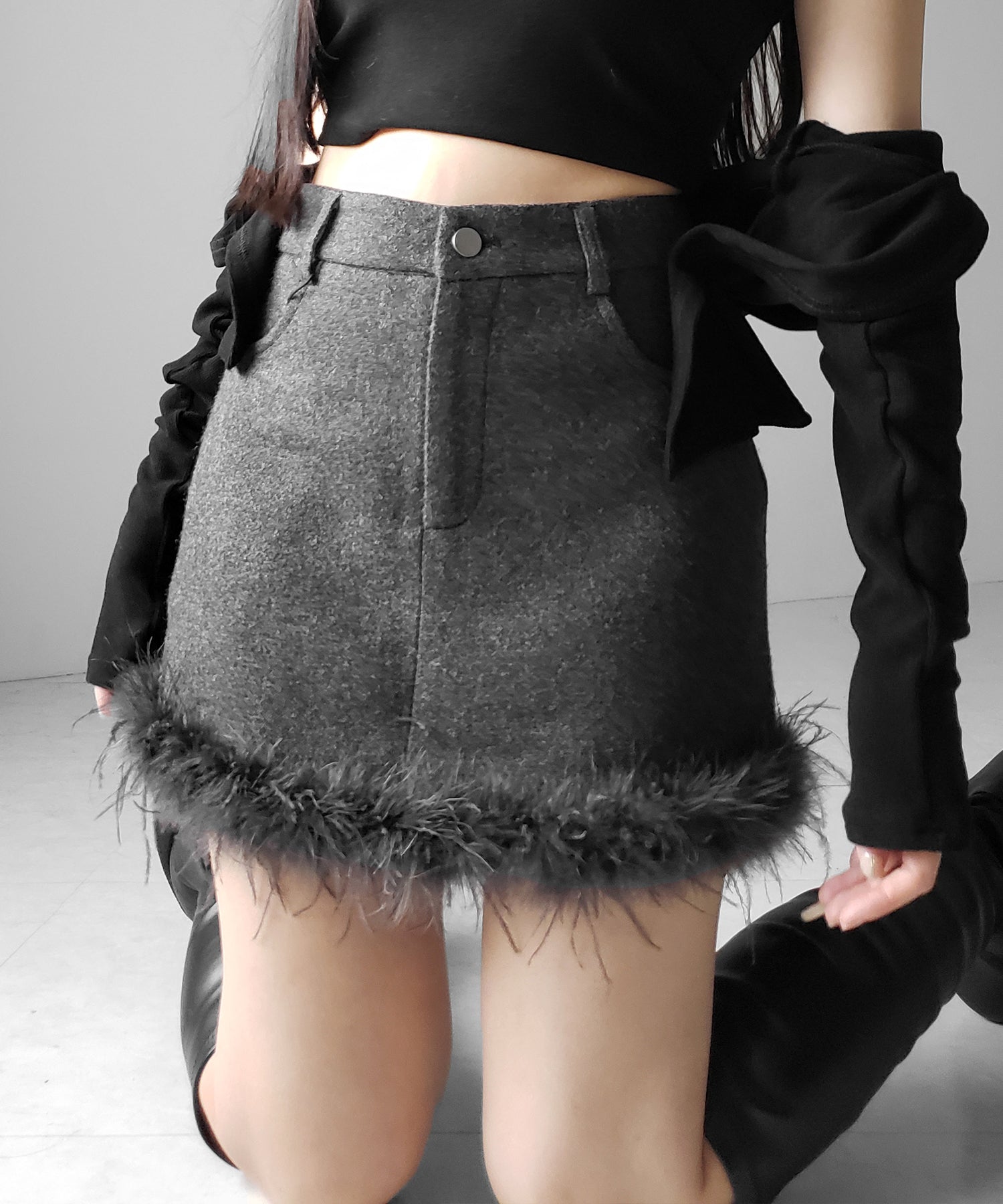 【 インナーパンツ裏地付 】ファードッキングウールライクレディミニスカート ／ fur docking woollike lady mini skirt