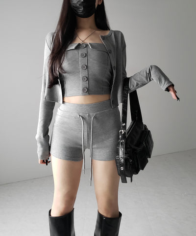 【 2点セット 】フロントボタンベアトップ ＋ クロップドカットソーカーディガン SET ／ front button bare top + cropped cutsaw cardigan SET