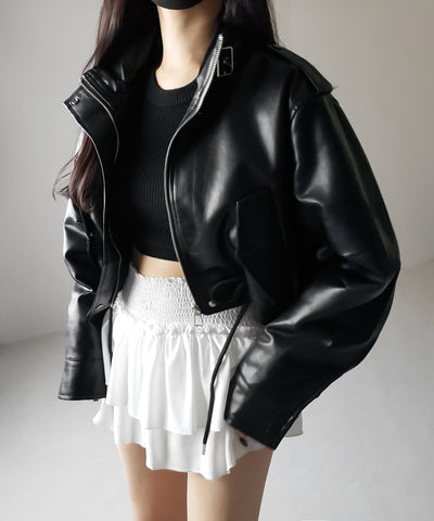 【 ２WAY 】スタンドカラーベルテッドフェイクレザーショートブルゾン ／ stand collar belted fake leather short blouson