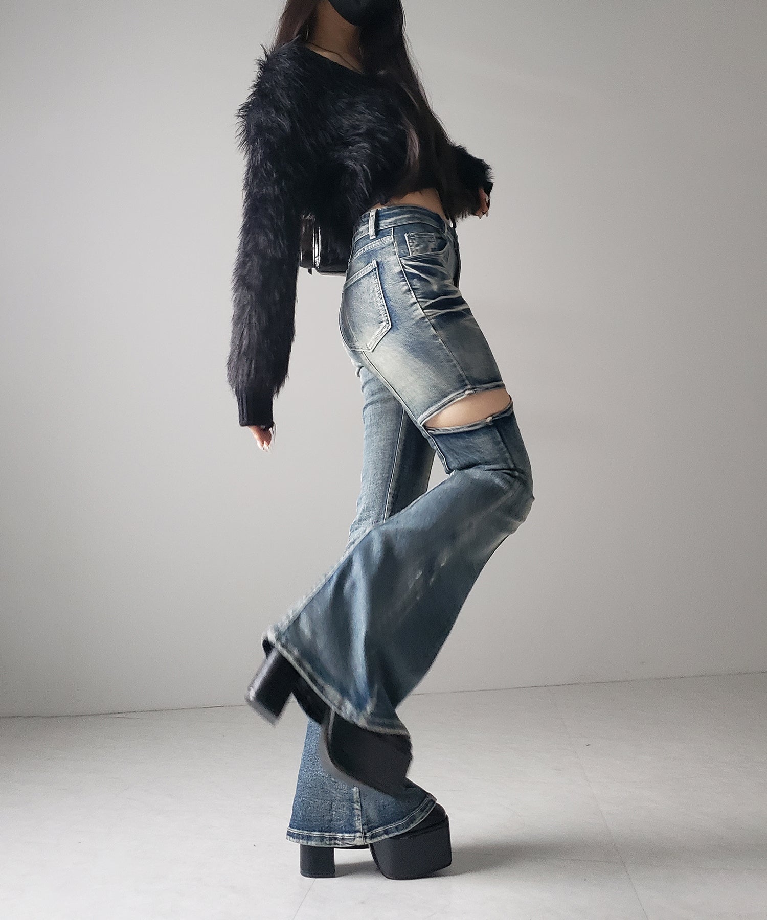 【 ２color ／ ３size 】カットアウトヴィンテージストレッチフレアデニム ／ cutout vintage stretch flare denim