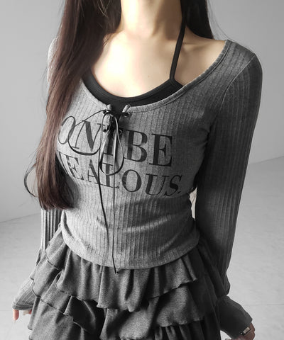 【 クロスネックにできる２WAY 】レースアップフェイクレイヤードロゴカットソートップス ／ laceup fake layered logo cutsew tops