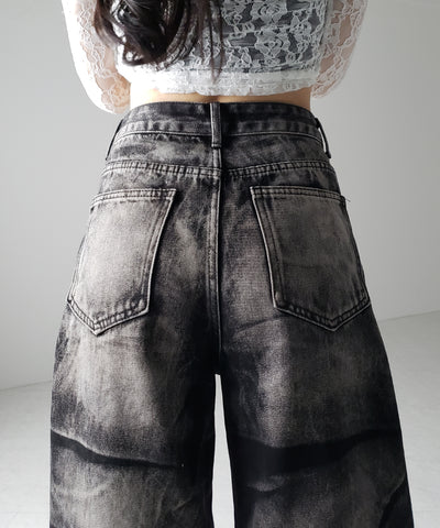 【 ４size 】CRACKクラッシュヘビーブリーチブラックワイドデニム ／ CRACK crash heavy bleach black wide denim