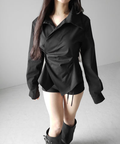 タックレイヤードアシンメトリーミディシャツ ／ tuck layered asymmetry midi shirts