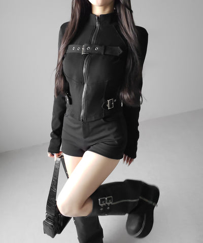 スタンドカラーベルテッドダブルジップスリムトップス ／ stand collar belted double zip slim tops