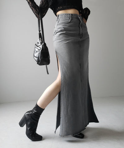 【 ３size 】深スリットダメージデニムロングマーメイドスカート ／ deep slit damage denim long mermaid skirt