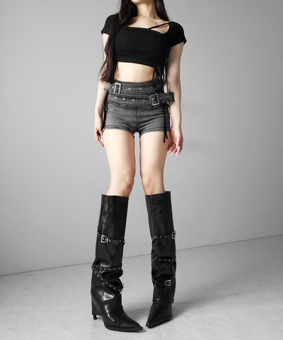 ダブルベルテッドマイクロミニデニムショートパンツ ／ double belted micro mini denim short pants