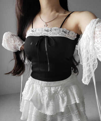フロントリボンレースショートキャミソール ／ front ribbon lace short camisole