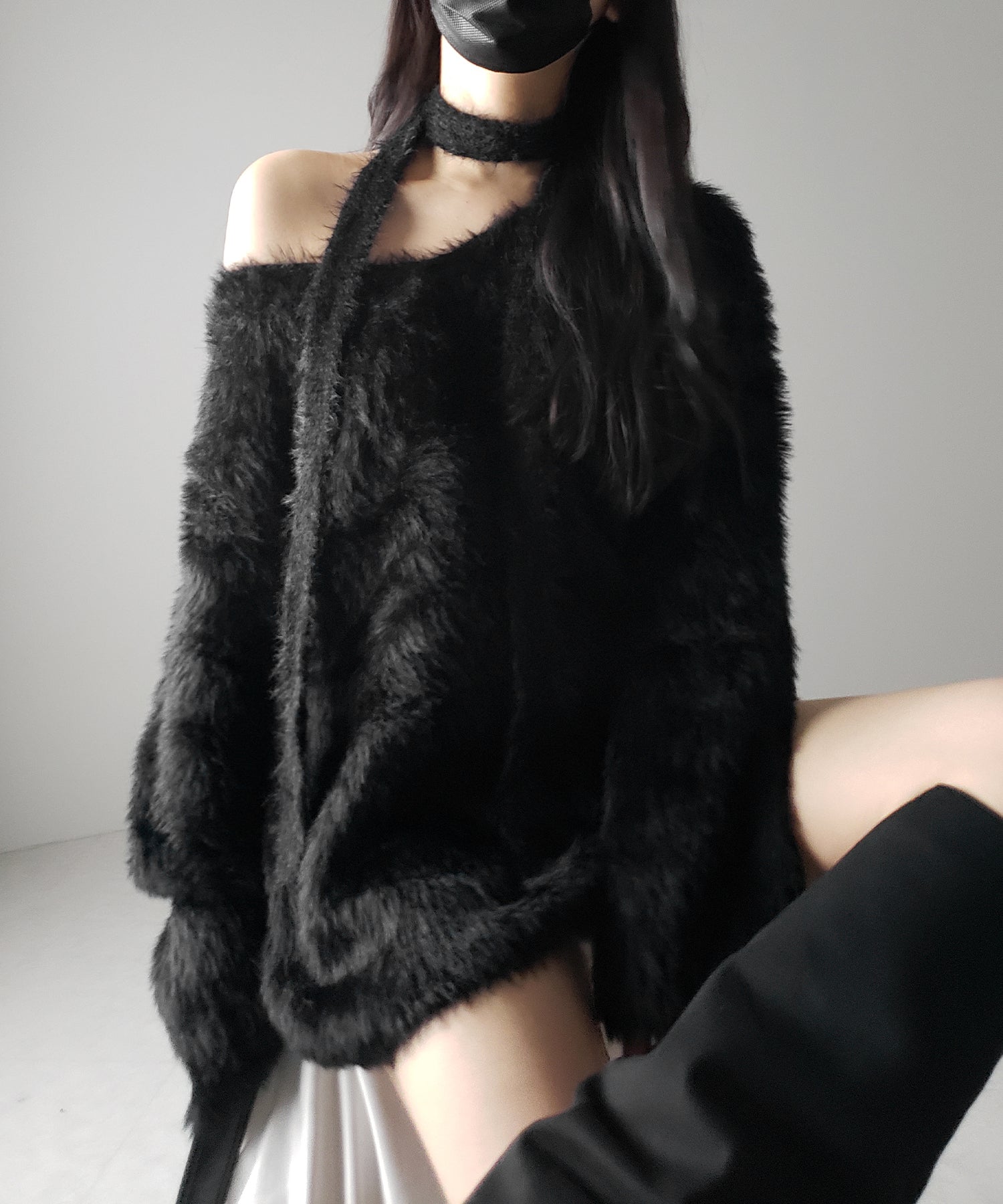 【 ２color 】チョーカータイ付きルーズシャギーニット ／ choker tie set loose shaggy knit