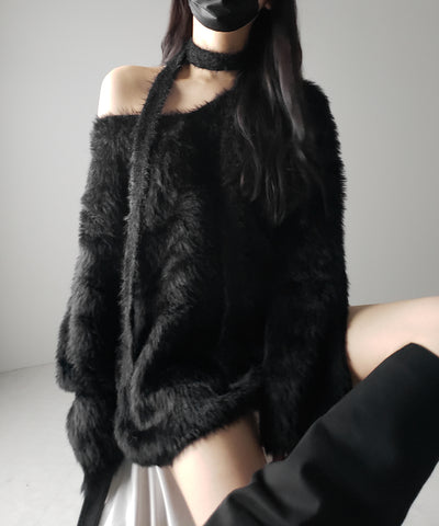 【 ２color 】チョーカータイ付きルーズシャギーニット ／ choker tie set loose shaggy knit