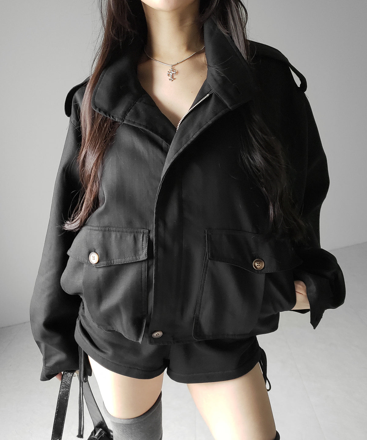 スタンドカラーオーバーショートトレンチコート ／ stand collar over short trench coat