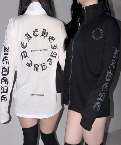 グランジロゴスタンドジップアップオーバーシアートップス ／ grunge logo stand zipup over sheer tops