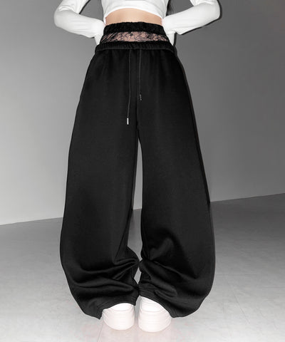 ウエストレースレイヤードスウェットパンツ ／ waist lace layered sweat pants