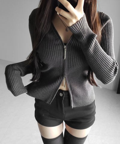 ダブルジップスリムリブニットカーディガン ／ double zip slim rib knit cardigan