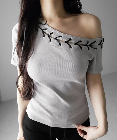 ヴィンテージカットアウトレースアップ半袖ワンショルリブトップス ／ vintage cutout laceup short sleeve one shoulder lib tops