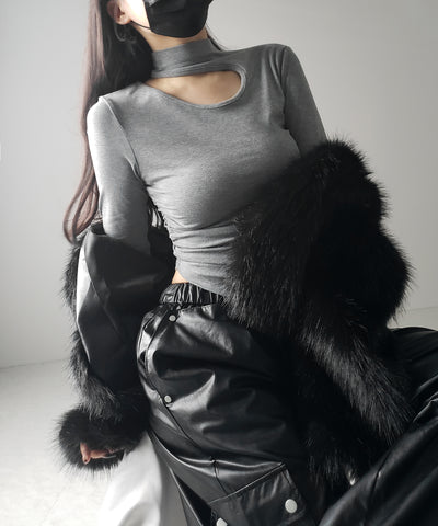 【 ２color 】カットアウトアシメチョーカーカットソートップス ／cutout asymmetry choker cutsew tops
