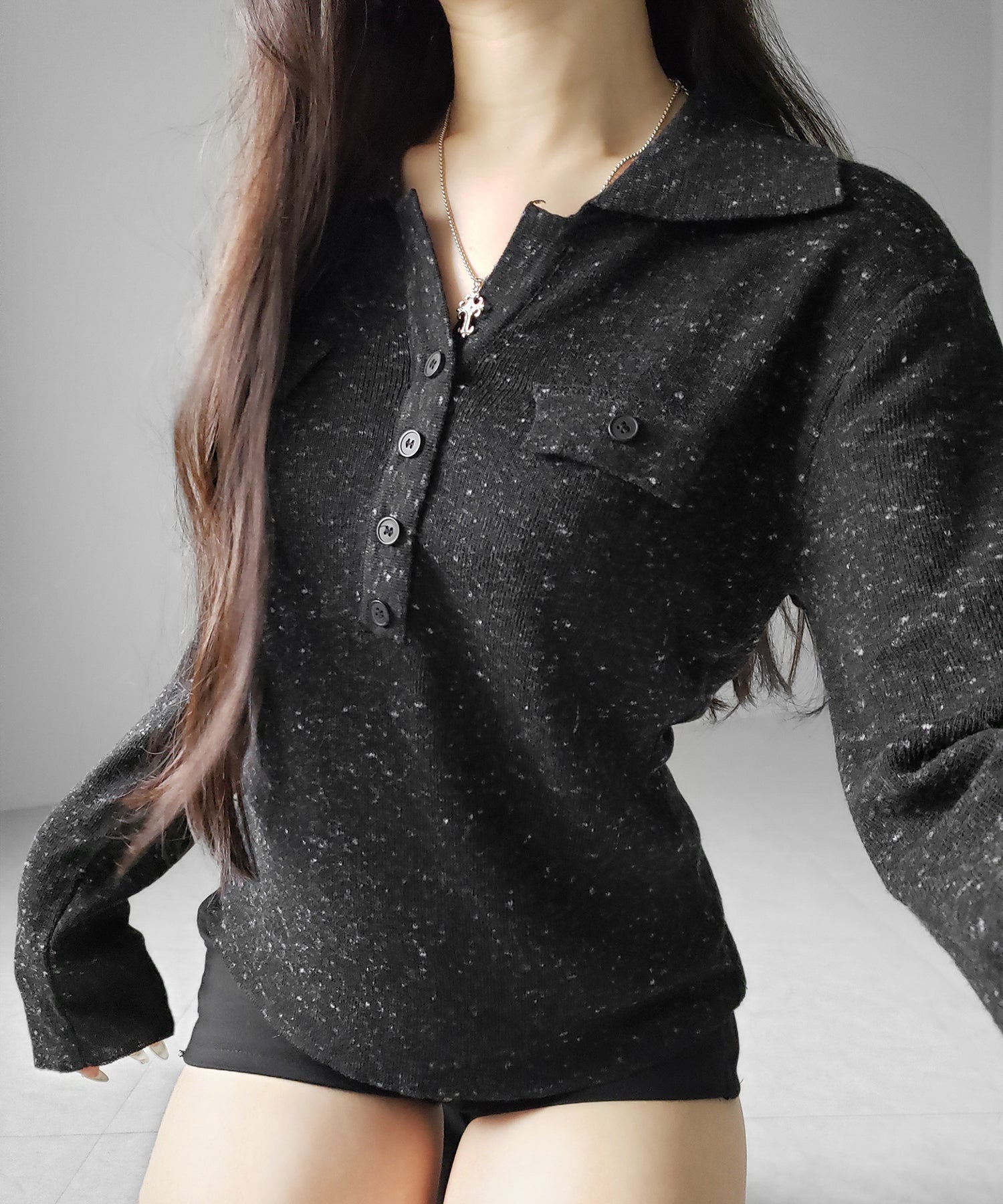 スキッパーボタン長袖ロングニットトップス ／ skipper button long sleeve long sheer knit tops