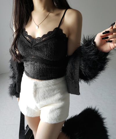 【 カップ付き 】ダブルレースシャギーファーショートビスチェキャミソール ／ double lace shaggy fur short bustier camisole