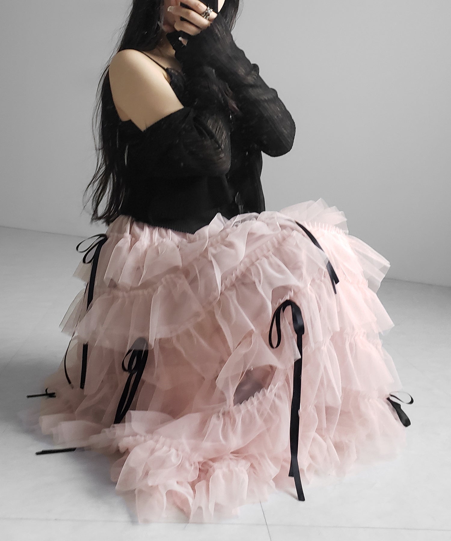 【 新色ピンク追加！／５color 】ストラップリボンバレエコアチュールスカート ／strap ribbon ballet core tulle skirt