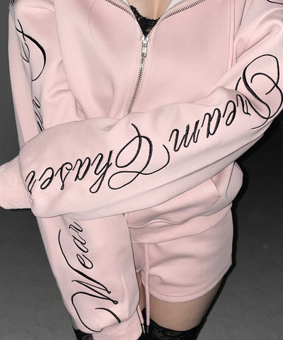 【 セットアップ 】レタリングロゴ刺繍ジップアップパーカー＆ショートパンツ ／ lettering logo embroidery zip-up hoodie ＆ short pants SETUP