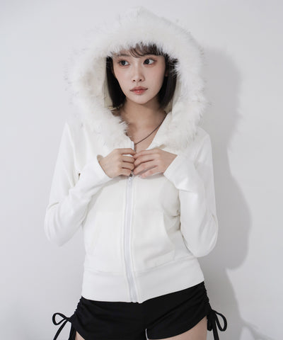 フェイクファーフーディジップアップパーカー ／ fake fur hooded zipup hoodie